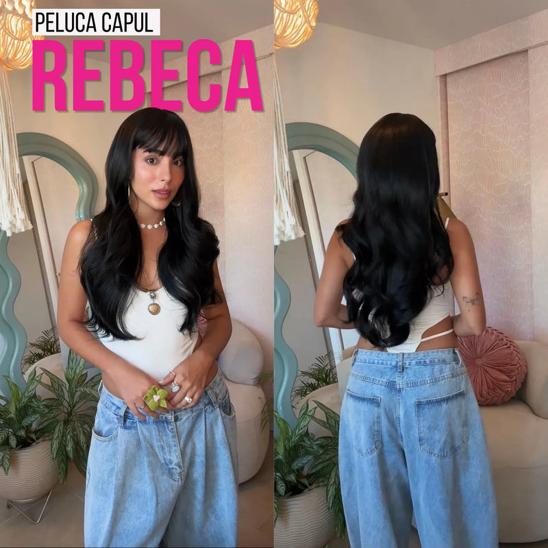 Peluca con capul Rebeca 24 pulgadas negro corte en capas onda suave — imagen 2 de 3