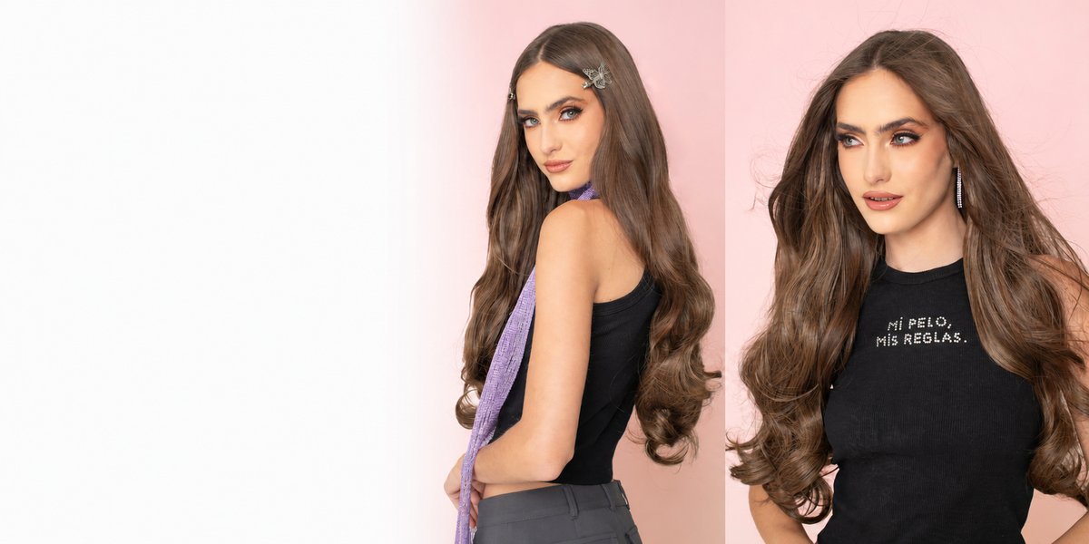 Banner escritorio Mayoristas MyDollHair con modelo morena y fondo blanco