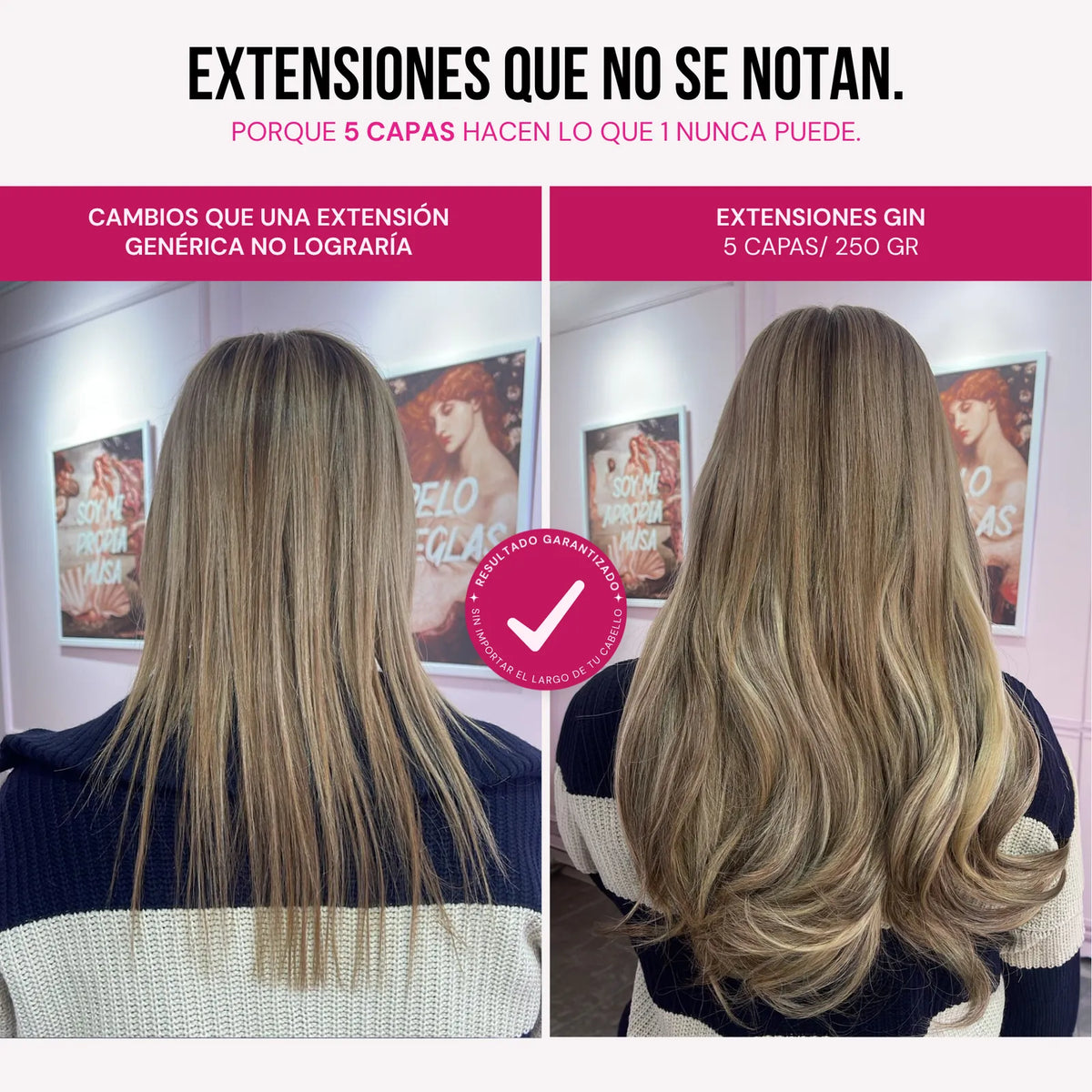 Modelo usando extensiones Gin 16" de MyDollHair — comparación 1 capa vs 5 capas