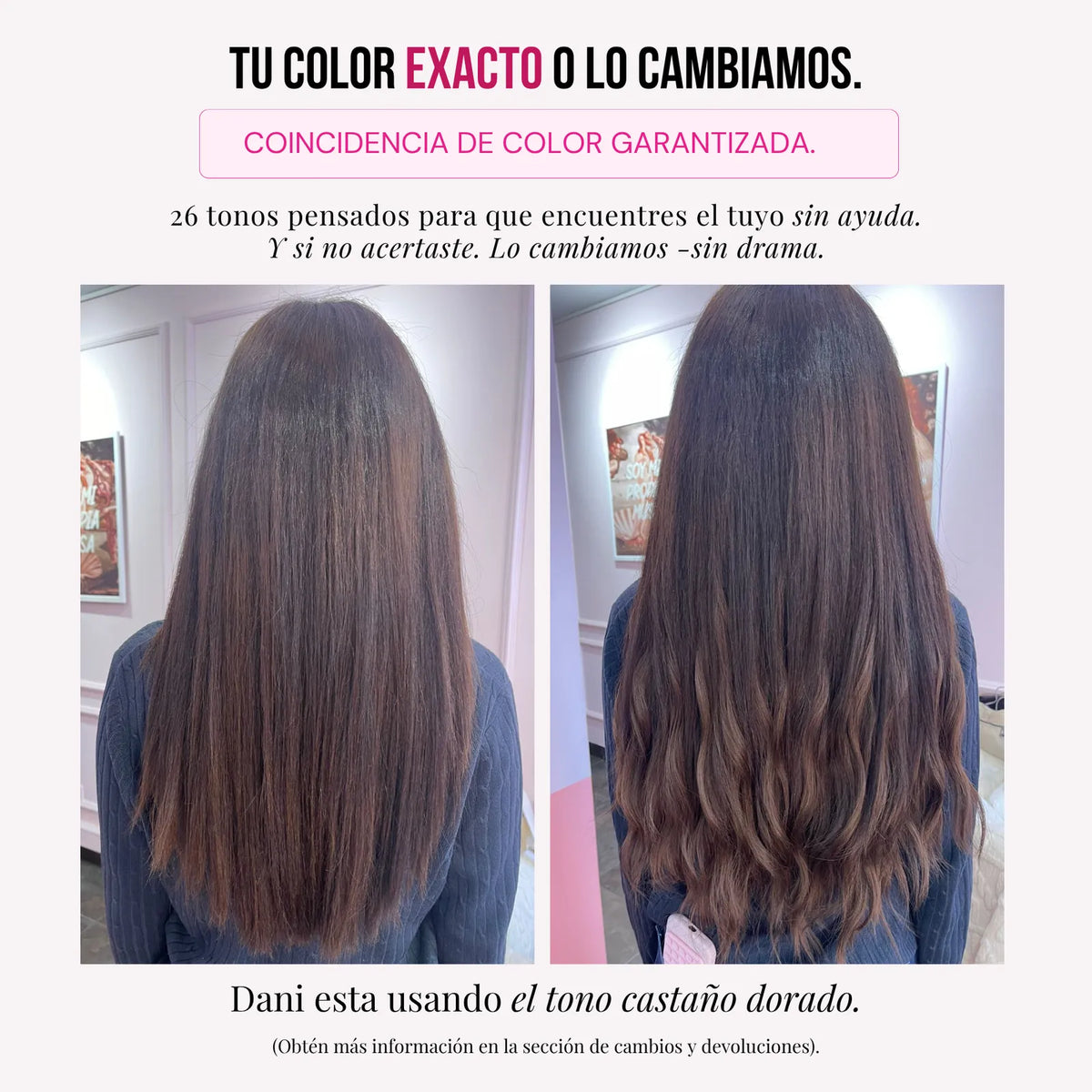 Modelo usando extensiones Malibú 22" de MyDollHair — asesoría de color y tonos