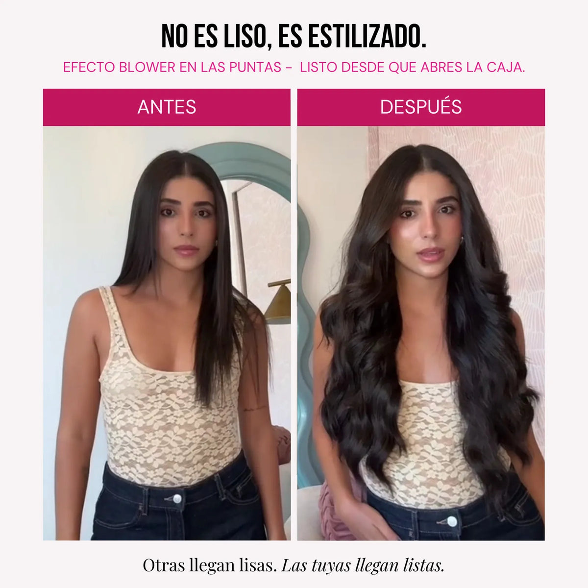 Modelo usando extensiones Malibú 22" de MyDollHair — efecto blower estilizado