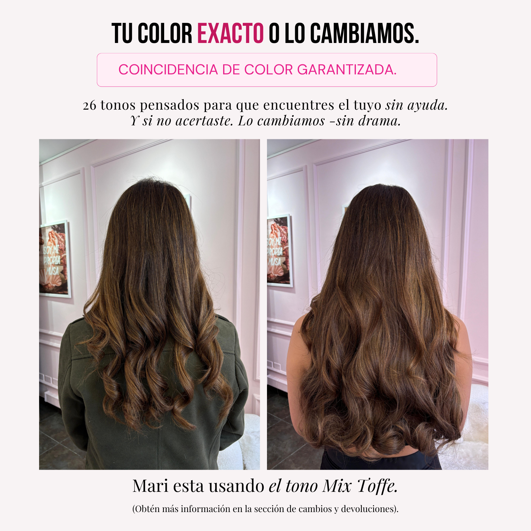 Modelo usando extensiones Mimosa 20" de MyDollHair — asesoría de color y tonos