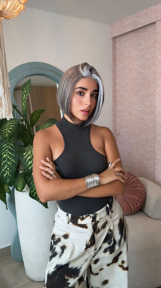 Peluca mini lace, corte bob, grey