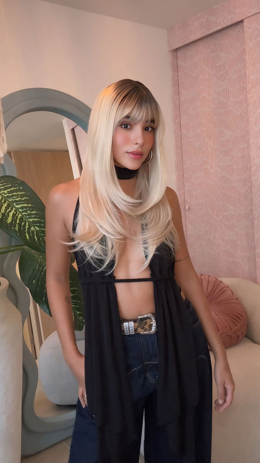 Peluca capul corte mariposa rubio balayage