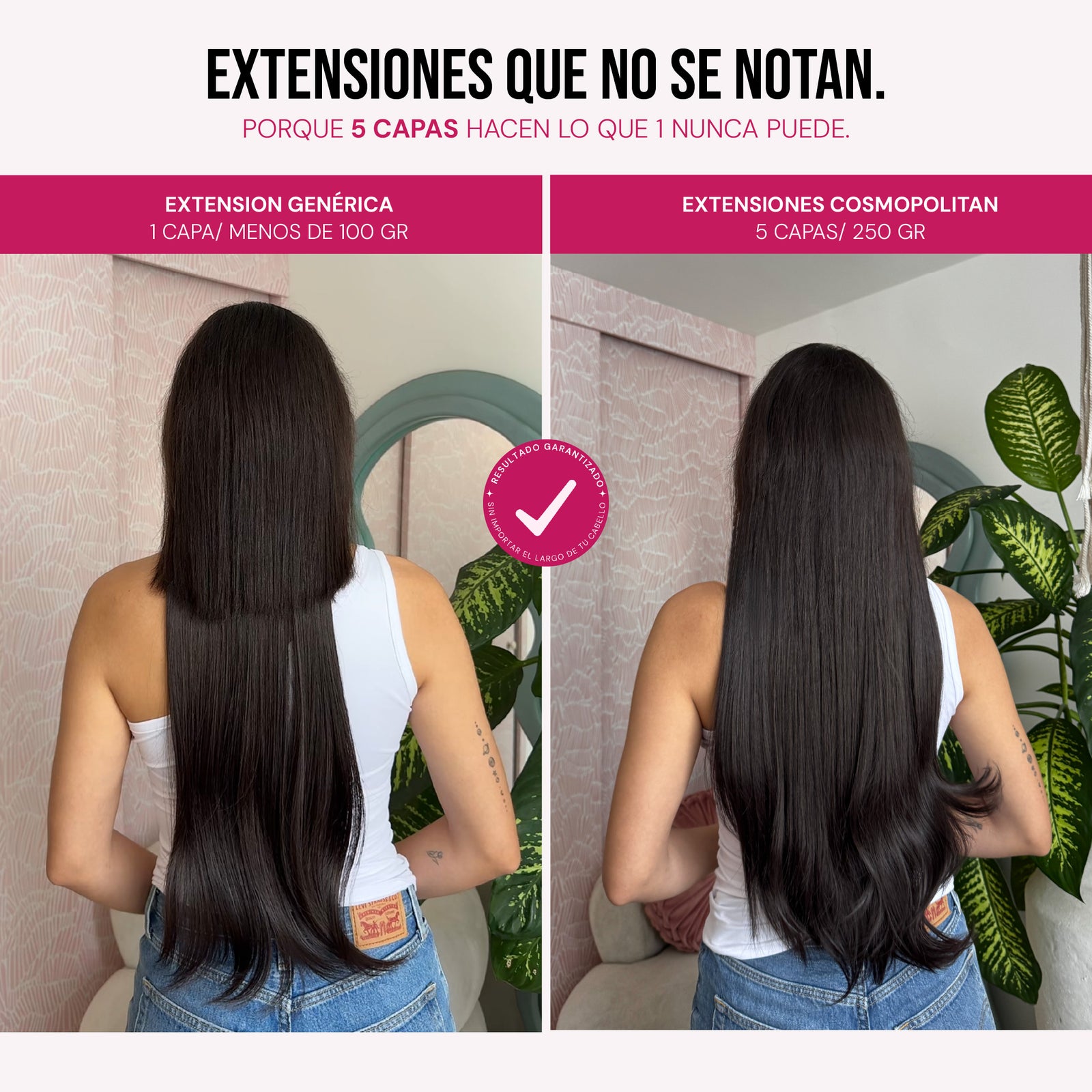 Modelo usando extensiones Cosmopolitan 22" de MyDollHair — comparación 1 capa vs 5 capas