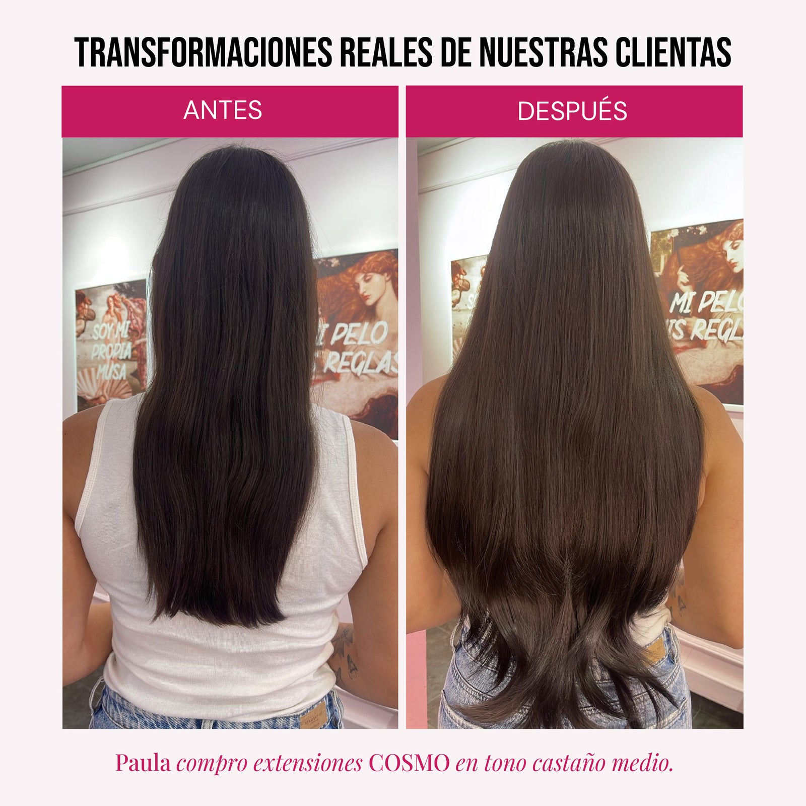 Modelo usando extensiones Cosmopolitan 22" de MyDollHair — transformación real antes y después