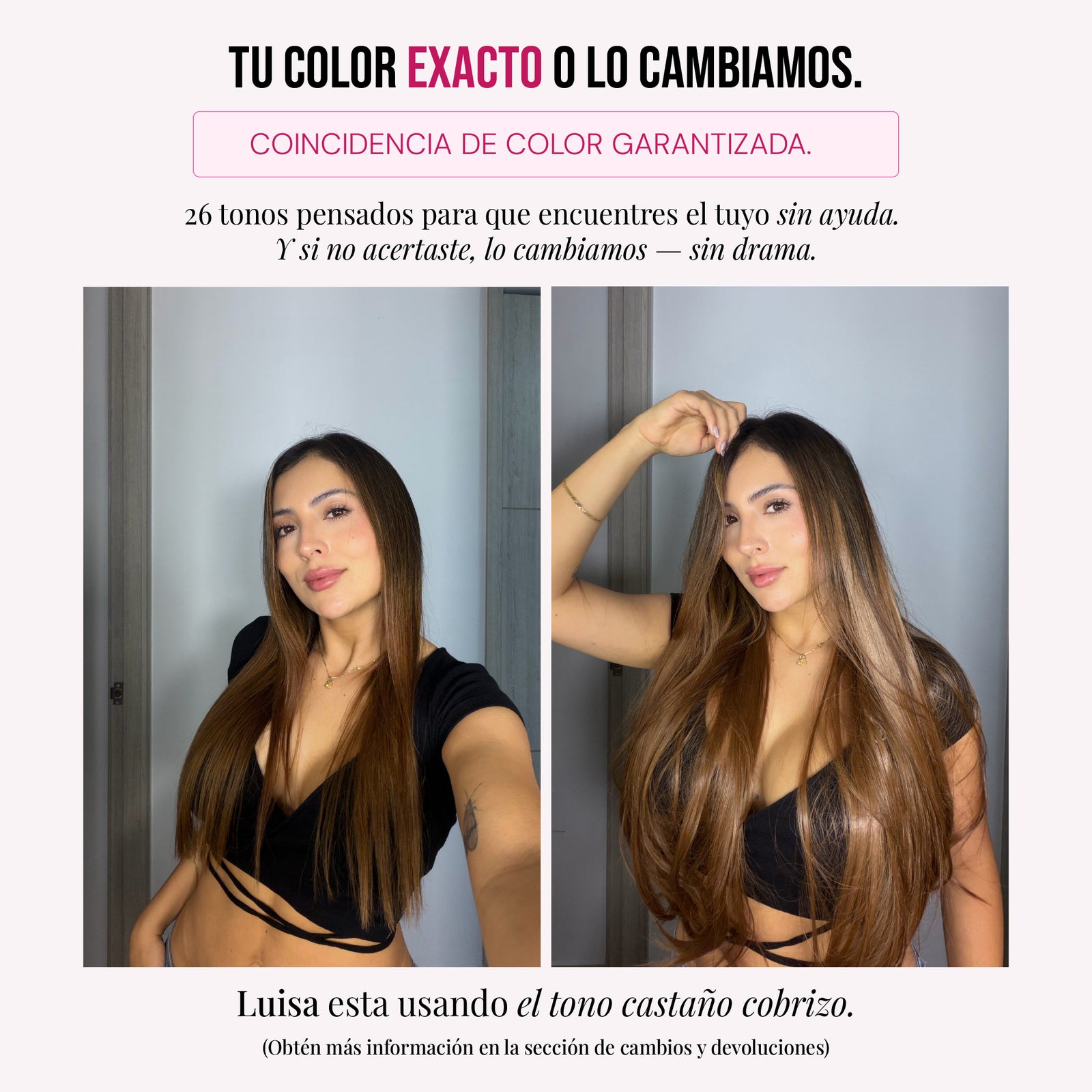 Modelo usando extensiones Cosmopolitan 22" de MyDollHair — asesoría de color y tonos