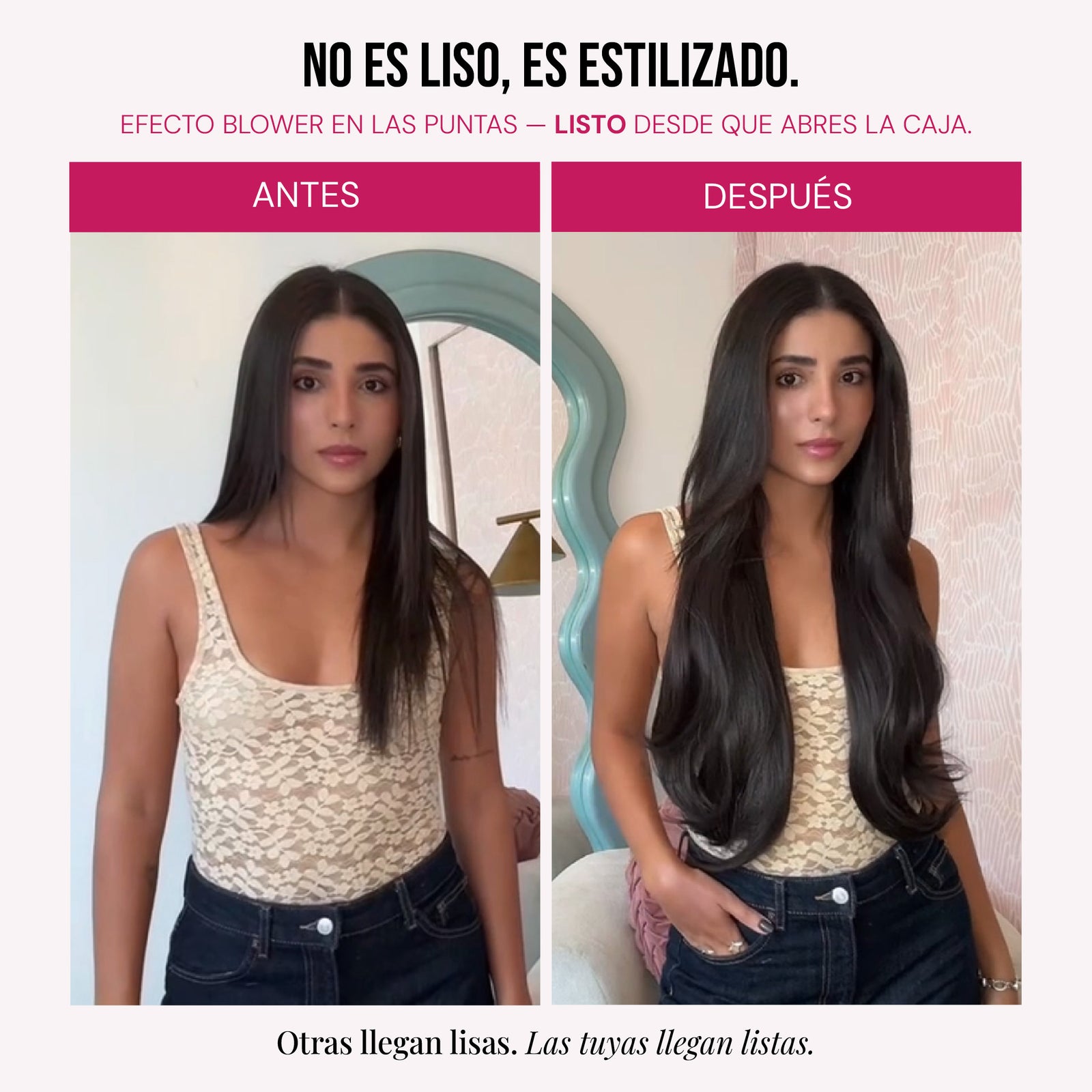Modelo usando extensiones Cosmopolitan 22" de MyDollHair — efecto blower estilizado