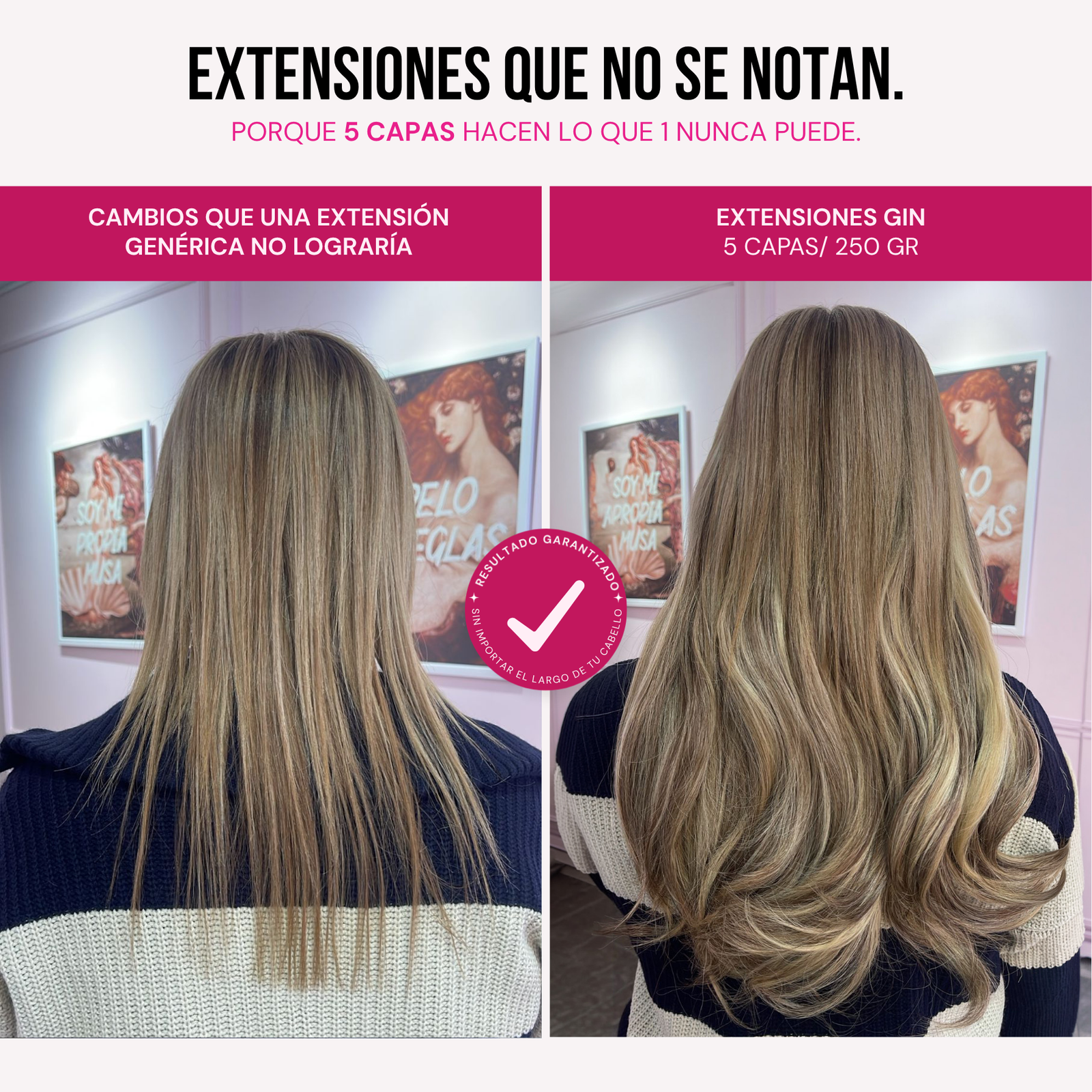 Modelo usando extensiones Gin 16" de MyDollHair — comparación 1 capa vs 5 capas