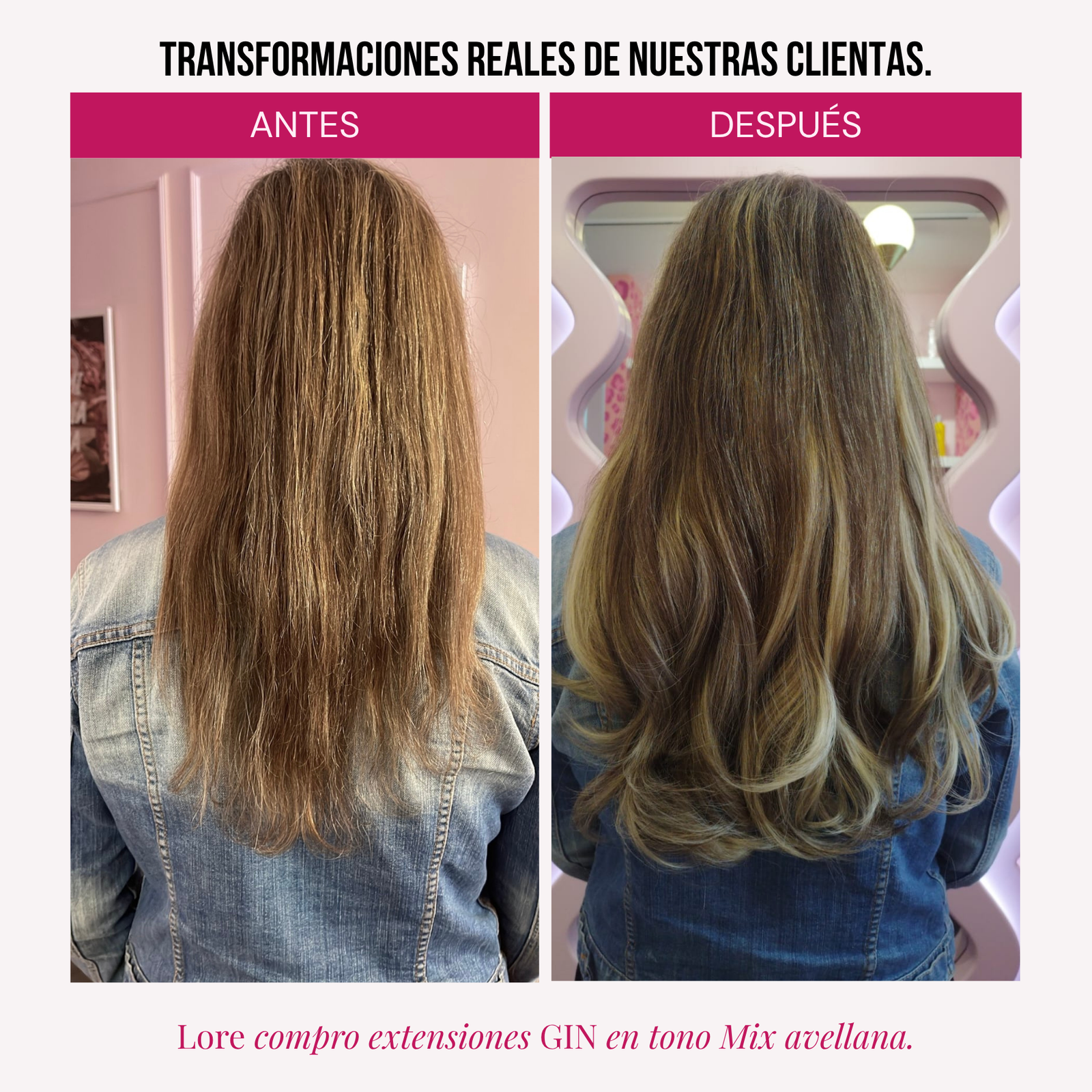 Modelo usando extensiones Gin 16" de MyDollHair — transformación real antes y después