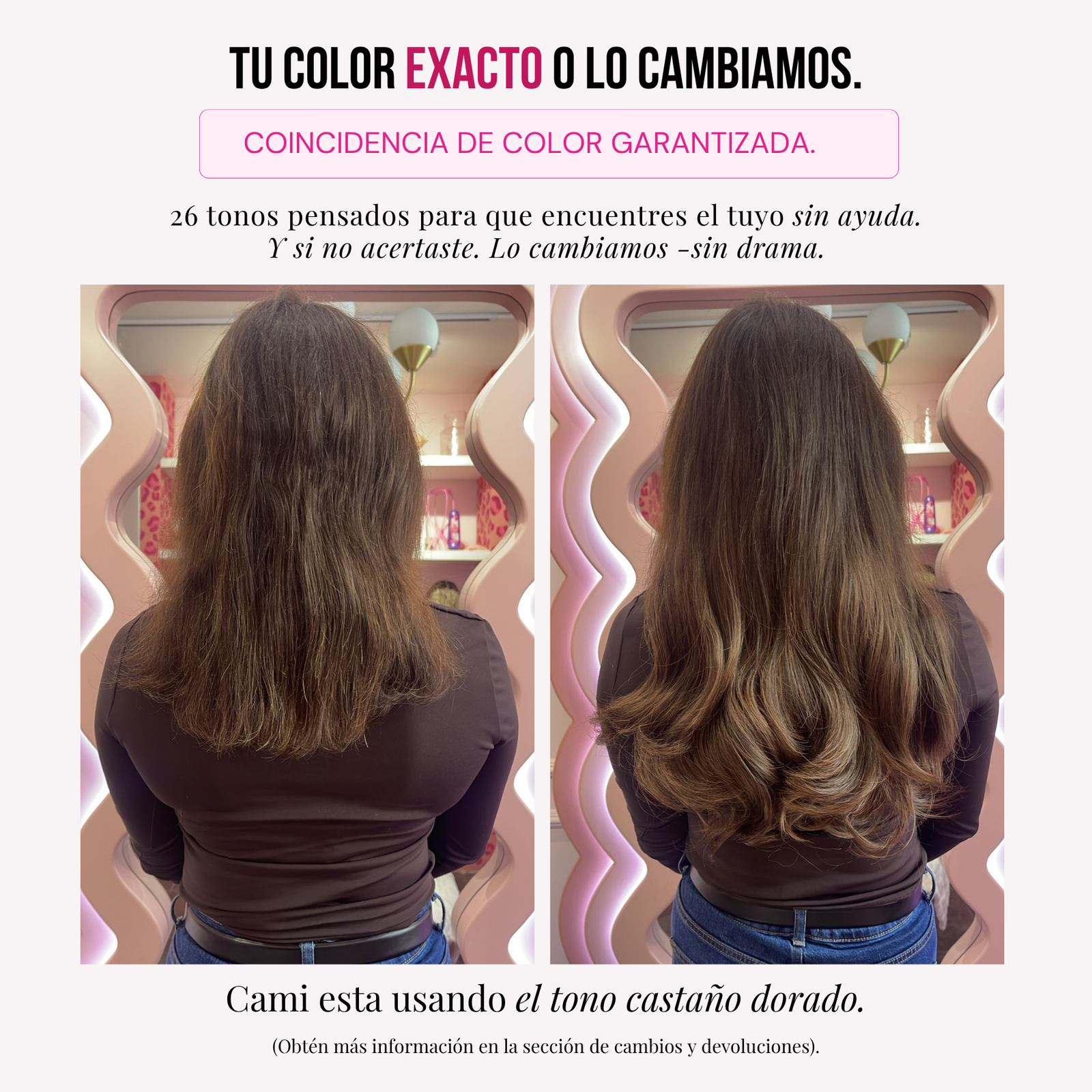 Modelo usando extensiones Gin 16" de MyDollHair — asesoría de color y tonos