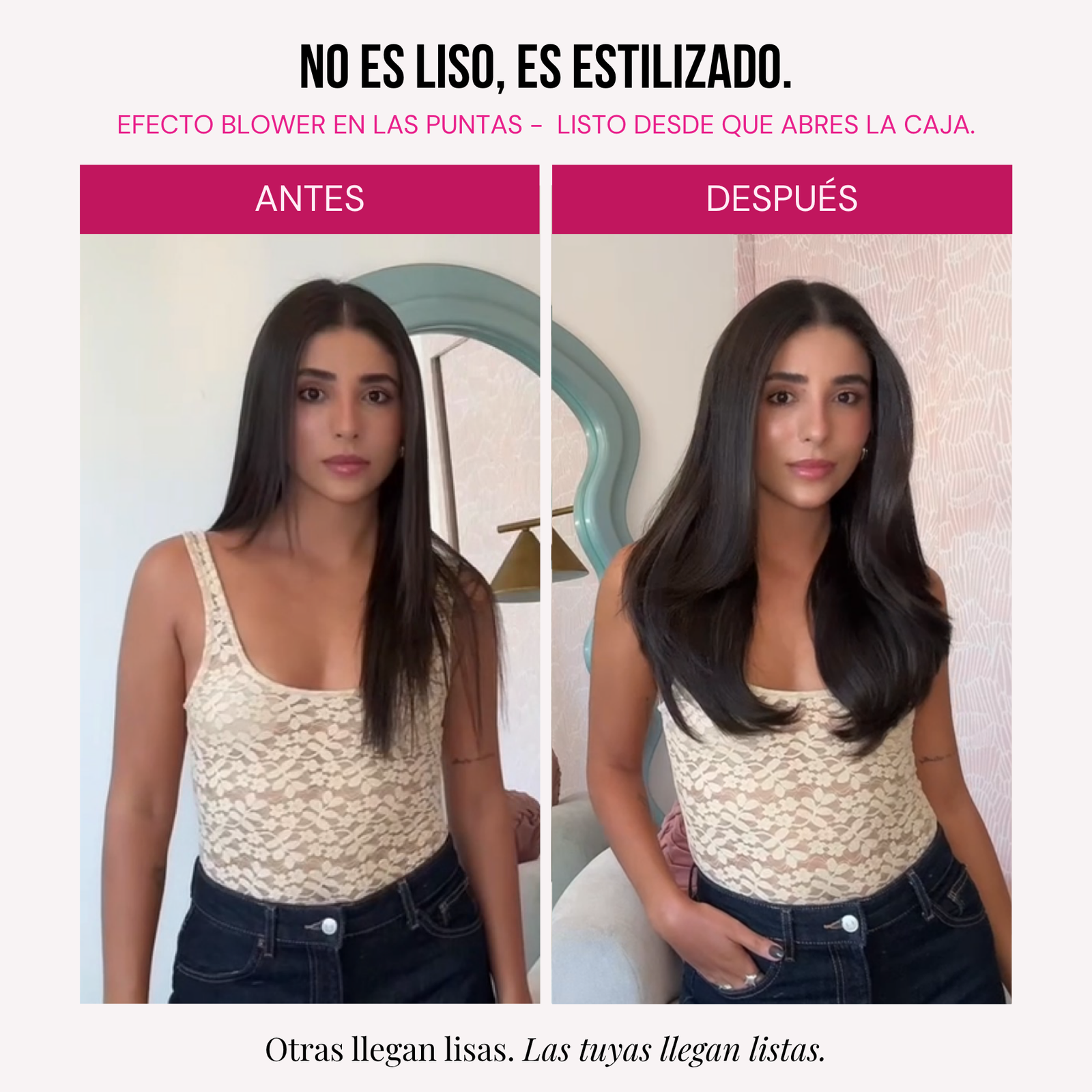 Modelo usando extensiones Gin 16" de MyDollHair — efecto blower estilizado