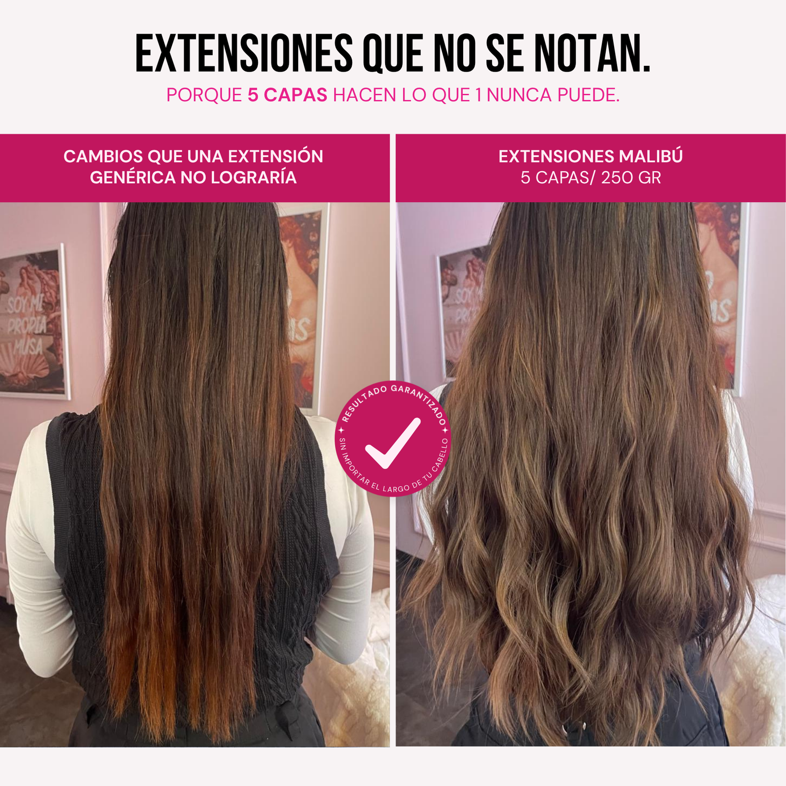 Modelo usando extensiones Malibú 22" de MyDollHair — comparación 1 capa vs 5 capas