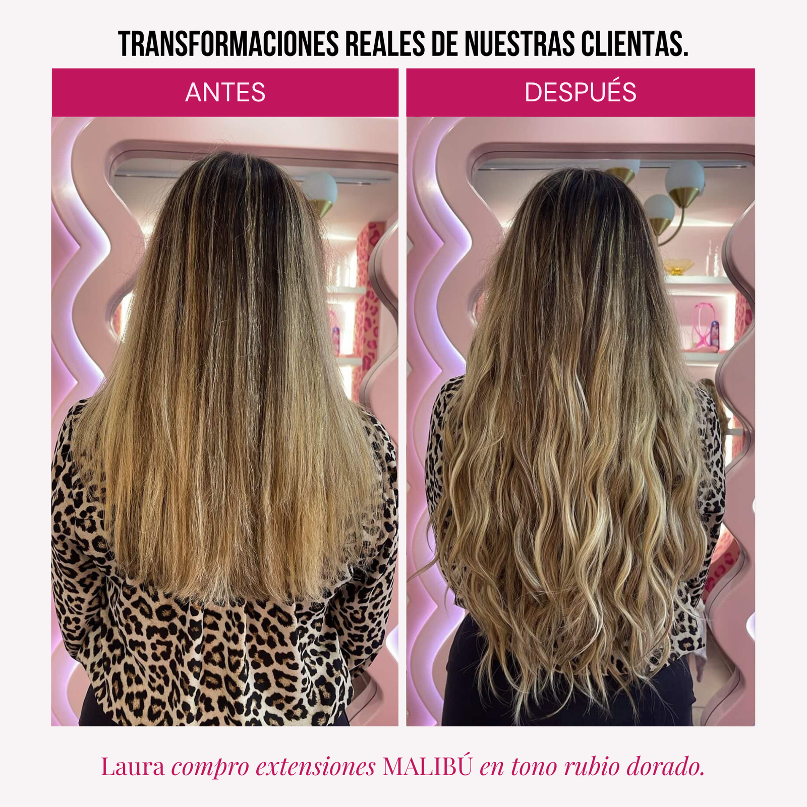 Modelo usando extensiones Malibú 22" de MyDollHair — transformación real antes y después