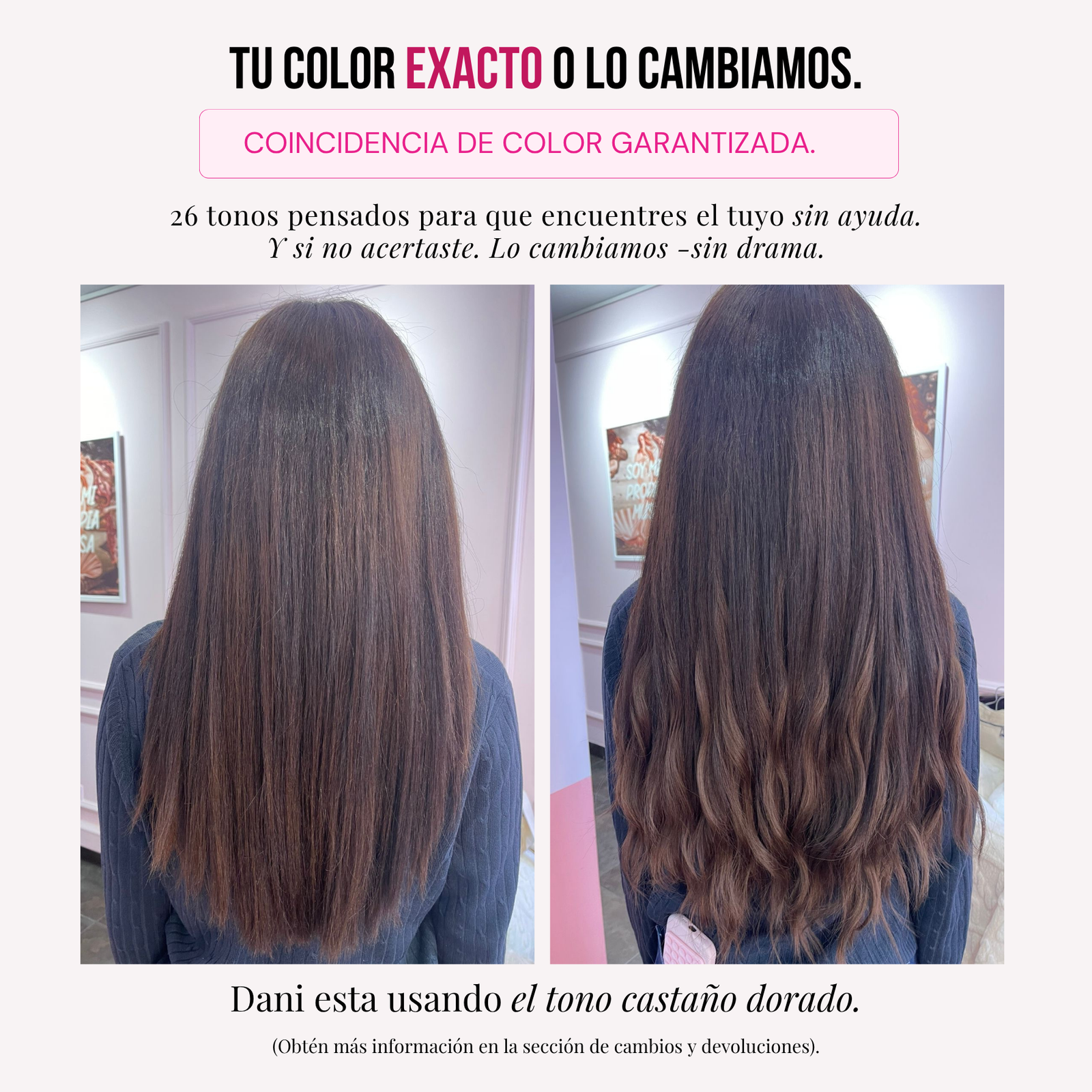 Modelo usando extensiones Malibú 22" de MyDollHair — asesoría de color y tonos
