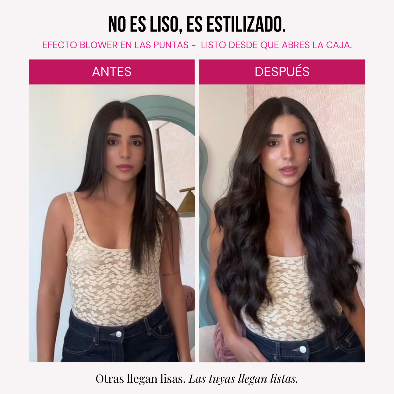 Modelo usando extensiones Malibú 22" de MyDollHair — efecto blower estilizado