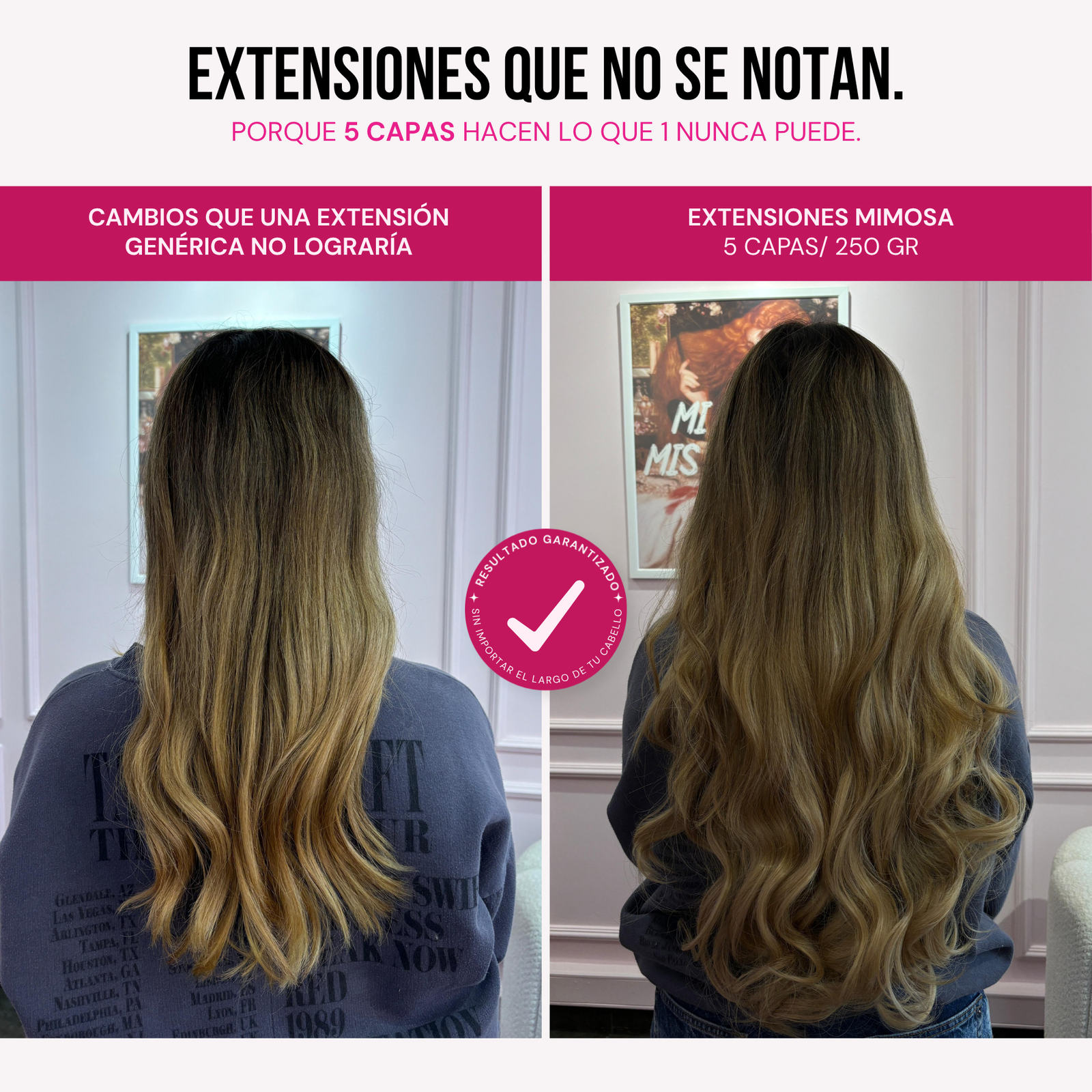 Modelo usando extensiones Mimosa 20" de MyDollHair — comparación 1 capa vs 5 capas