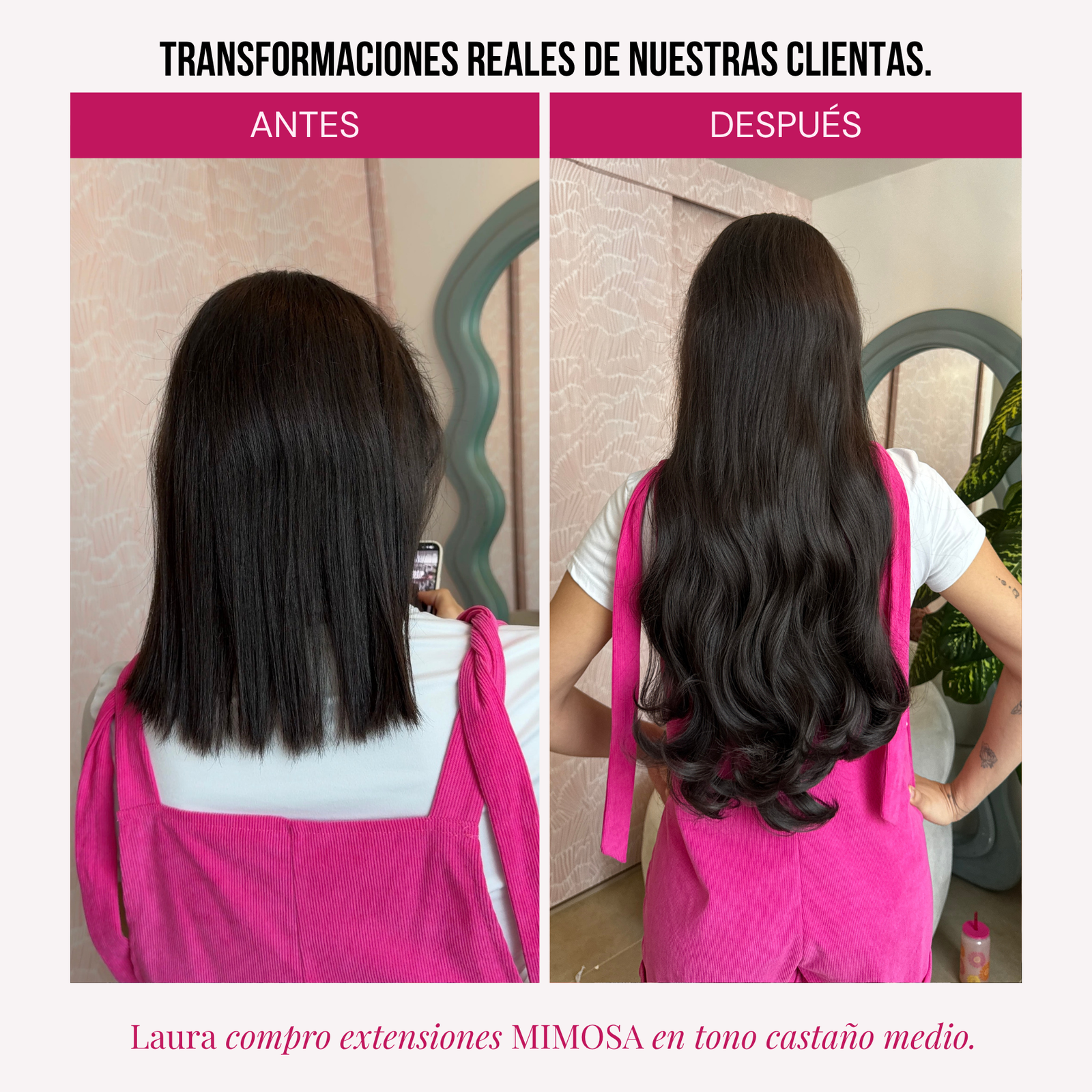 Modelo usando extensiones Mimosa 20" de MyDollHair — transformación real antes y después