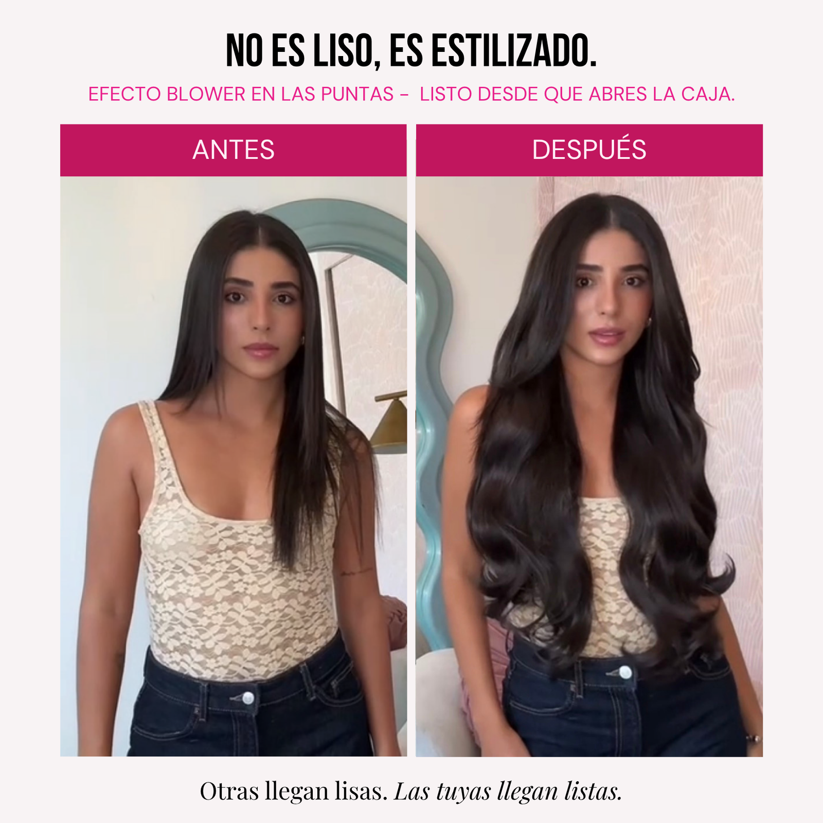 Modelo usando extensiones Mimosa 20" de MyDollHair — efecto blower estilizado